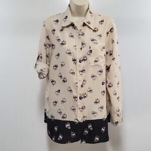 Ellen Tracy French Bull Dog Top Womens S Frenchie Button Blouse Layered Look